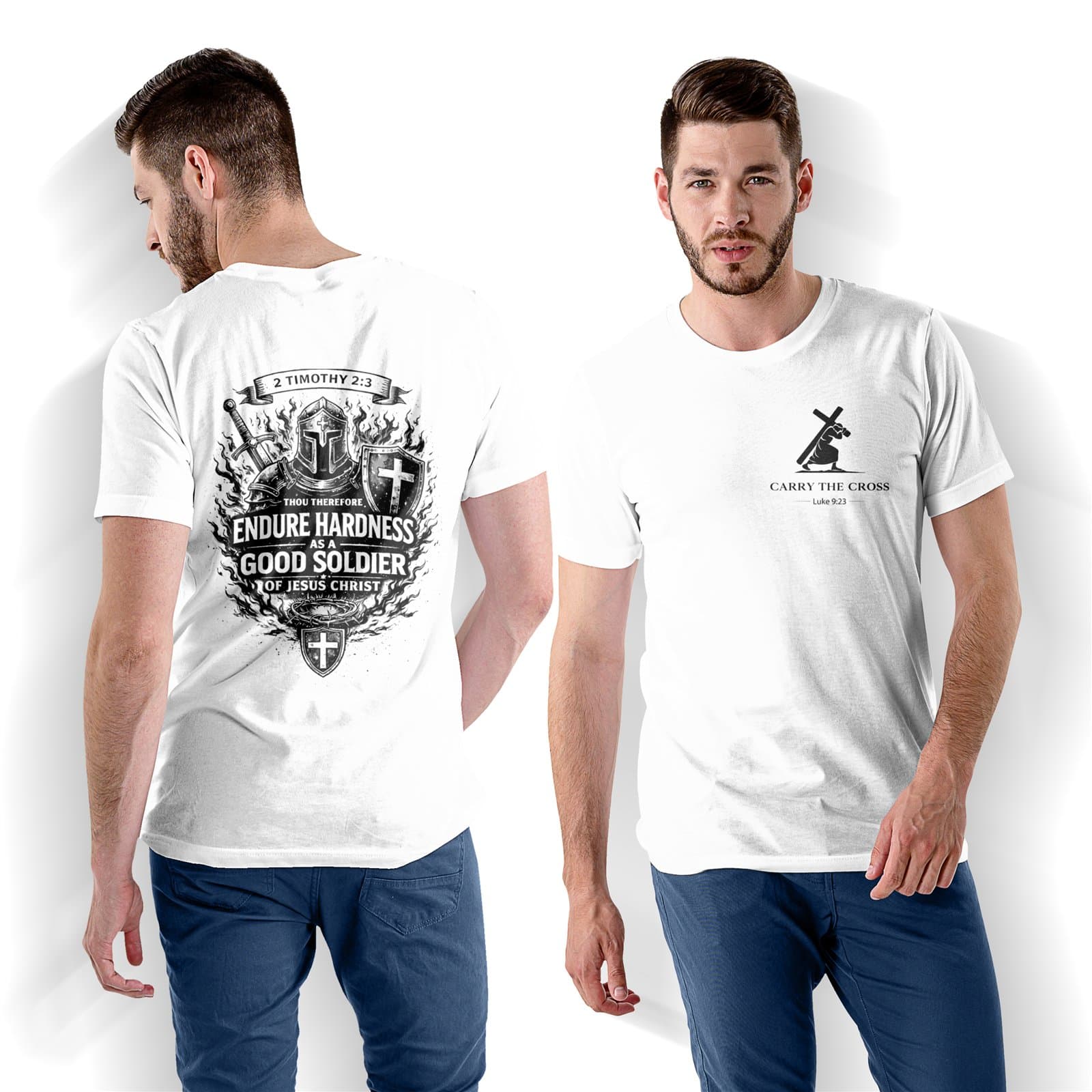 2 Timothy 2:3 Endure Hardness Good Soldier T-Shirt, Warrior Faith Scripture Tee shirt mockup showing the front logo and back design
