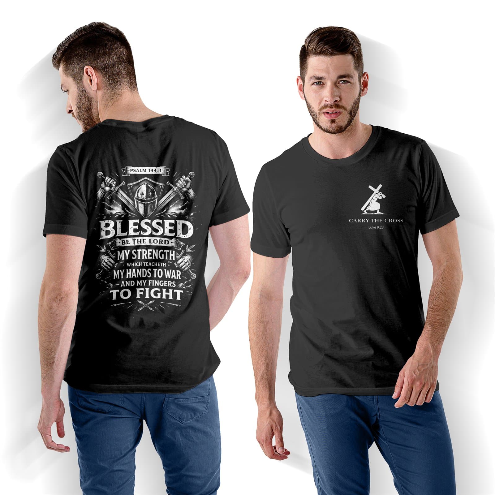 Psalm 144:1 Christian Warrior Shirt, Blessed Be The Lord My Strength Tee, Spiritual Warfare T-Shirt shirt mockup showing the front logo and back design