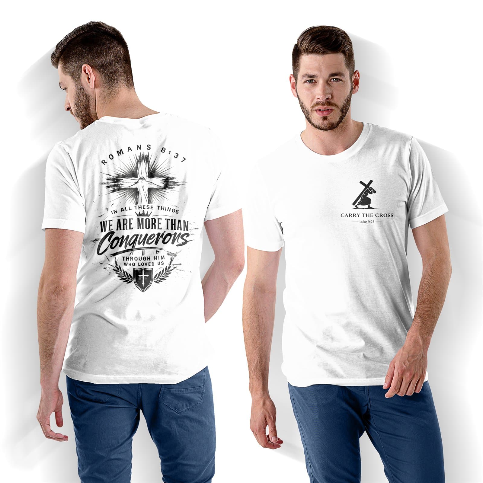 Romans 8:37 More Than Conquerors Christian Warrior Shirt, Faith Bible Verse Tee shirt mockup
